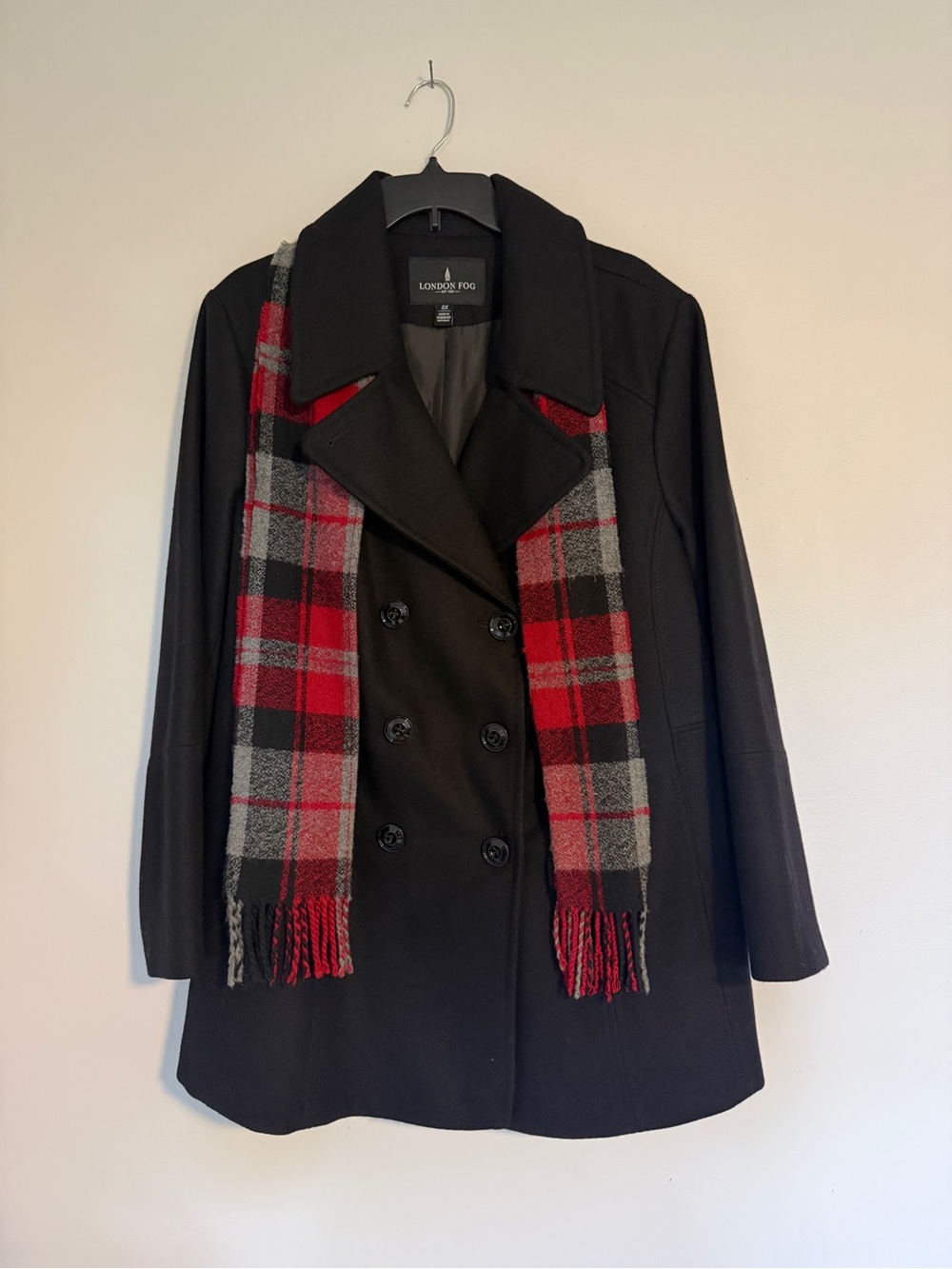 London Fog Women’s 2X Black Double-Breasted Peacoat with Plaid Scarf